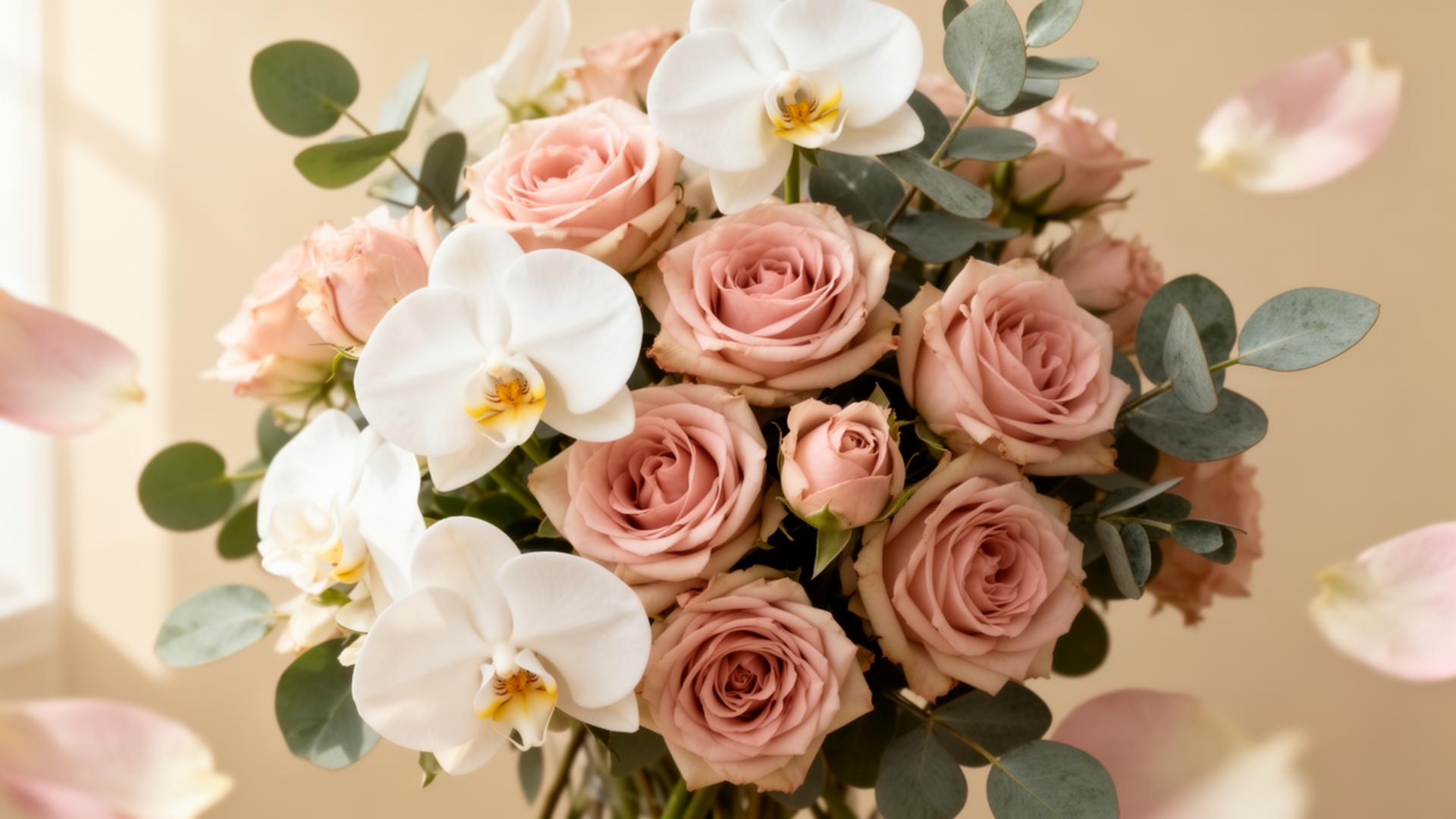 Luxury blush rose and orchid bouquet by BloomNusa